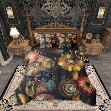 Imagem de Erosebridal Conjunto de cama Queen abstrato boêmio floral, 7 peças, conjunto de edredom rústico com casa de fazenda do sudoeste com lençóis, cama boho retrô ocidental em uma bolsa, elegante, flor