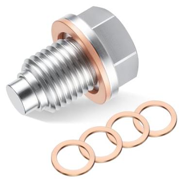 Imagem de GaRhomxy Plugue magnético de drenagem de óleo M12 × 1,25, parafuso de porca de drenagem de óleo magnético forte de aço inoxidável com arruela de extrusão de cobre de 5 peças para evitar vazamentos