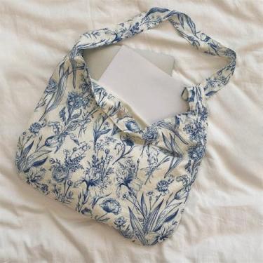 Imagem de Bolsa de algodão floral azul, bolsa de ombro com estampa vintage com alça ajustável, bolsa feminina leve, Azul, Medium, Mochila casual