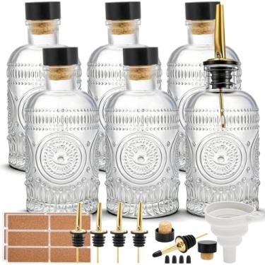 Imagem de Kingrol Pacote com 6 garrafas dispensadoras de azeite de oliva de vidro em relevo de 200 ml com 18 etiquetas, funil e bicos de despejo - Garrafas de óleo transparentes que não gotejam para cozinha e