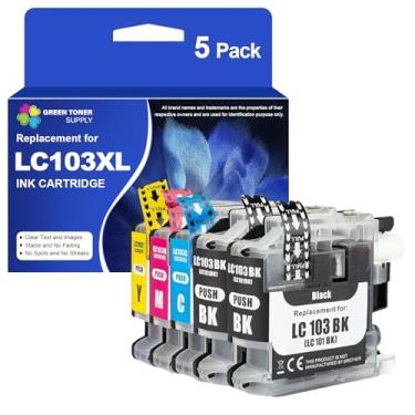 Imagem de Green Toner Supply Cartucho de tinta de substituição compatível com Brother LC103 XL LC103XL LC103BK LC103C LC103M LC103Y (B-103) para impressora DCP-J152W MFC-J245 MFC-J285DW (pacote com 5, 2BK, 1C