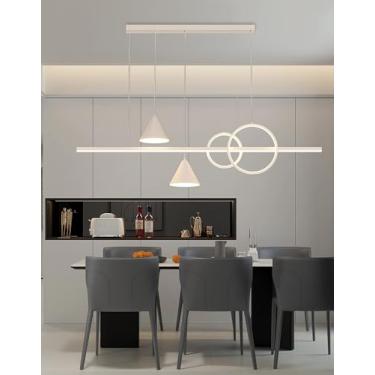 Imagem de Luminária pendente LED moderna para mesa de jantar, com intensidade regulável e controle remoto. Design linear, altura ajustável, estilo lustre, nas cores preto e branco, ideal para escritór