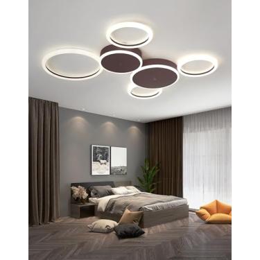 Imagem de Luminária de teto LED moderna, dimerizável, com controle remoto, design de anéis redondos, em acrílico, para sala de estar, quarto, sala de jantar e cozinha (preta, 6 anéis).