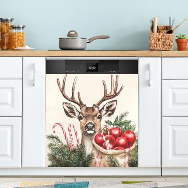 Imagem de xigua Merry Christmas Capa magnética de cervo para lava-louças, adesivos magnéticos decorativos antiarranhões para painel de geladeira e lava-louças, decoração personalizada de cozinha doméstica 58 x