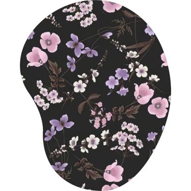Imagem de Mouse Pad Ergonômico Gota Flores Delicadas Roxas e Brancas Fundo Preto