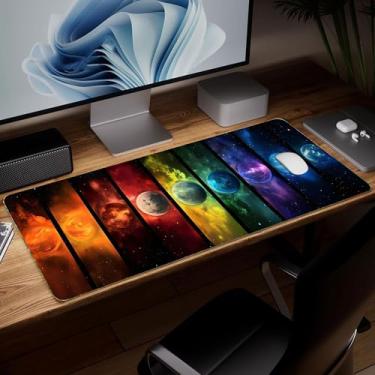 Imagem de Tapete de mesa de couro planeta, mouse pad de arte colorida grande teclado de computador para jogos mousepad à prova d'água protetor e capa de mesa, tapete de mouse decorativo de couro PU para laptop