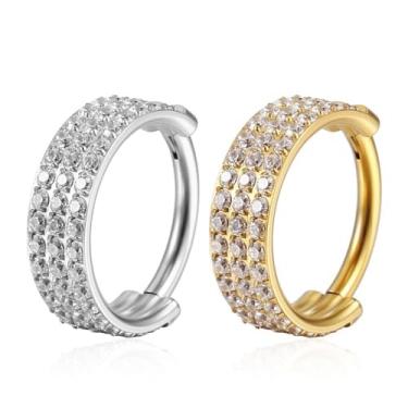 Imagem de LOMISS Brinco Piercing Nariz Argola Piercing Septo Orelha Tragus PVD Zircônias 3 Fileiras 1.2x6;8;10;12mm (Dourado, 12mm)