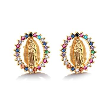 Imagem de Brincos religiosos de zircônia cúbica para mulheres, joia de fé, presente cristão para sua igreja, oração, uso diário, elegante, design de halo redondo, Large, Latão, Sem pedra preciosa