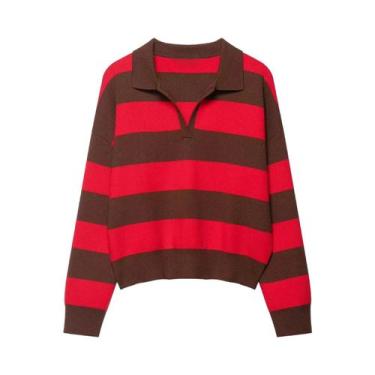 Imagem de Suéter Feminino De Tricô Casual De Outono Com Gola Polo Listrada Em Co