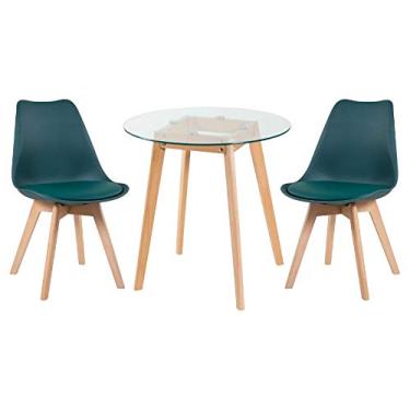 Imagem de Loft7, Kit Mesa de vidro Leda 70 cm + 2 cadeiras estofadas Leda verde escuro