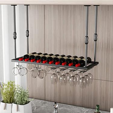 Imagem de Suporte de garrafa de vinho pendurado no teto, suporte de garrafa de vinho de ferro montado na parede, suporte de armazenamento de vinho com prateleira de vidro para bar de cozinha embaixo do armário