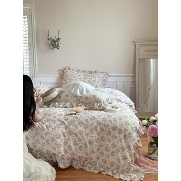 Imagem de BuLuTu Jogo de cama de musselina de algodão chique floral gasto com 3 peças, capa de edredom de princesa com babados Cottagecore com 2 fronhas, capa de edredom com estampa de peônia rosa para cama