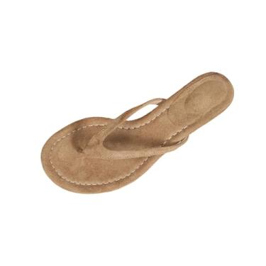 Imagem de Sandálias femininas com bico redondo e salto baixo fino, com cabedal rebanho para estilo casual texturizado, Caqui, 39