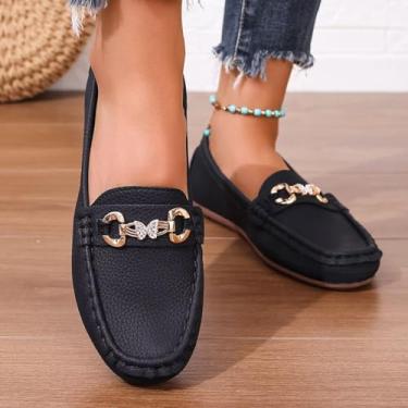 Imagem de Mocassim feminino com ajuste confortável de mola para dia dos namorados – Mocassins de condução sem cadarço com espuma viscoelástica, sola antiderrapante, larga, casual, Preto, 35