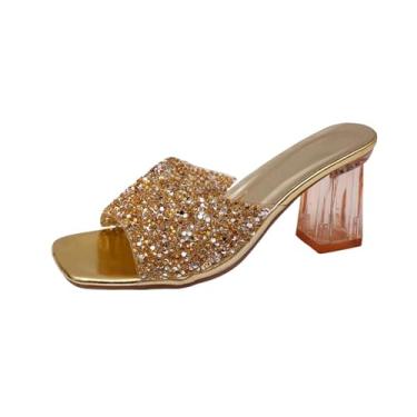 Imagem de Sandálias femininas elegantes com salto transparente para uso casual de verão, Dourado, 38