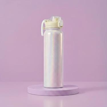 Imagem de Garrafa Térmica 900ml com Efeito Holográfico e Dupla Saída de Água | Canudo Retátil e Bico, Tampa Antivazamento e Alça (Amarelo)