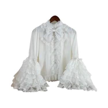 Imagem de Blusa Gótica Rosa E Branca Sweet Lolita De Manga Longa Com Babados E R