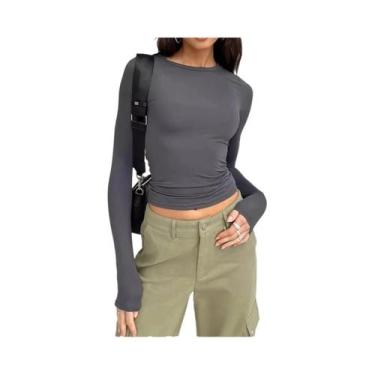 Imagem de Camiseta Cropped Feminina De Manga Longa Y2K, Slim Fit, Casual, Pullov