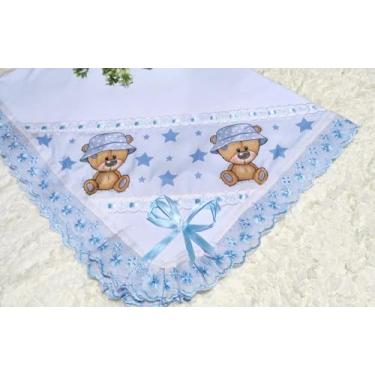 Imagem de Manta Cueiro Bebê Malha com Bordado Inglês Estampa Digital 80x90cm (Azul bebê)