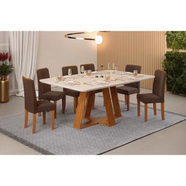 Imagem de Conjunto: Mesa Sala Jantar Celeste c/ Tampo Madeirado c/ Vidro Retangular 160x90cm e 6 Cadeiras Zoe Freijo/Off White - Suede Moca - DJ Móveis