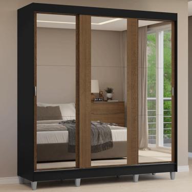Imagem de Guarda Roupa Casal Reno 3 Portas de Correr 4 Gavetas MDP Espelho Preto-Rustic Madesa