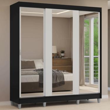 Imagem de Guarda Roupa Casal Reno 3 Portas de Correr 4 Gavetas MDP com Espelho Preto-Branco Madesa