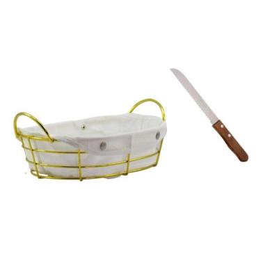 Imagem de Cesto Pra Pães Aramado Aço Inox Dourado Com Faca Pão - Ppfgolden