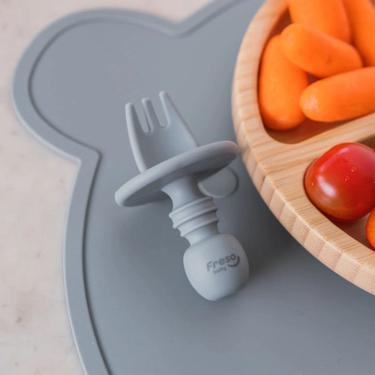 Imagem de Freso Baby Kit Colher E Garfo De Treinamento Com Limitador Alimentação Bebê Silicone Blw Cinza