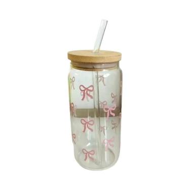 Imagem de Copo De Vidro Com Laço Fofo De 500ml, Garrafa De Água Tipo Mason Jar C