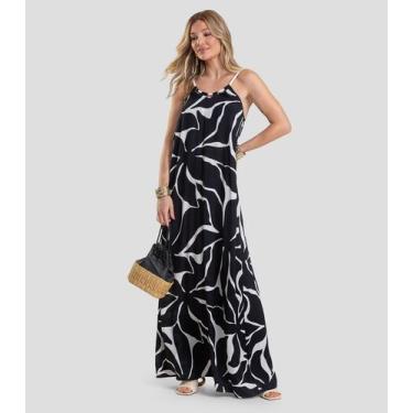 Imagem de Vestido Longo Feminino em Tecido Estampado Dianna Preto, G, Preto