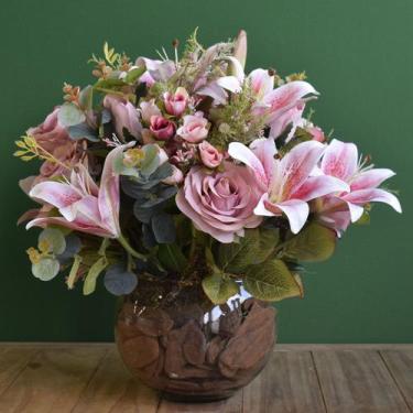 Imagem de Arranjo de Flor Artificial de Rosas e Lírios no Vaso de Vidro  Formosi
