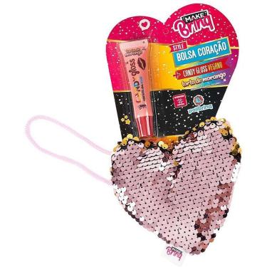 Imagem de Maquiagem Infantil Bolsa Coração com Gloss e Lantejoulas Reversíveis Make Brinq Polibrinq