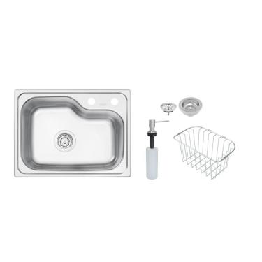 Imagem de Cuba de Sobrepor Tramontina Morgana Compact 48 FX em Aço Inox Acetinado 55 x 42 cm com válvula, Dosador de Sabão e Cesto aramado
