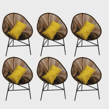 Imagem de Kit 06 Poltrona Cadeira Acapulco Plus com Almofada Quadrado Marrom Tecido Sintético Amarelo - Ahazzo Móveis