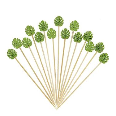 Imagem de Minisland Palitos de coquetel Tropical Monstera Leaf 12 cm de comprimento palitos de dente extravagantes de bambu para aperitivos Bebidas Frutas Festa Havaiana Guarnição de comida Espetos 100 unidades - MSL174