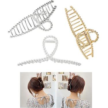 Imagem de KISSKIKO Pacote com 3 ganchos de cabelo grandes de metal para mulheres 11 cm | Adequado para cabelo grosso, roscado, fosco, prata e dourado, presilhas de cabelo com garras de caranguejo fortes,