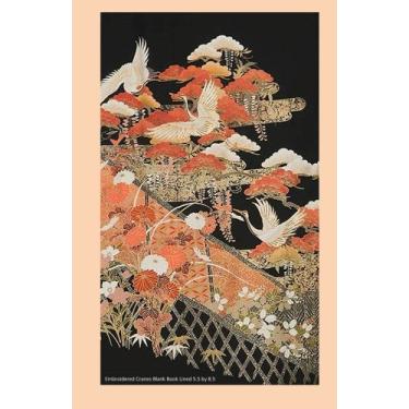 Imagem de Livro pautado em branco de guindastes bordados, 14 x 21,5 cm, 100 páginas pautadas em branco, adequado como diário, caderno ou diário com uma foto de capa de guindastes bordados