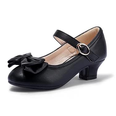 Imagem de PANDANINJIA Sapato Mary Jane vestido jada para meninas e crianças pequenas com salto laço festa casamento princesa sapatos, PU preto rubi, 22
