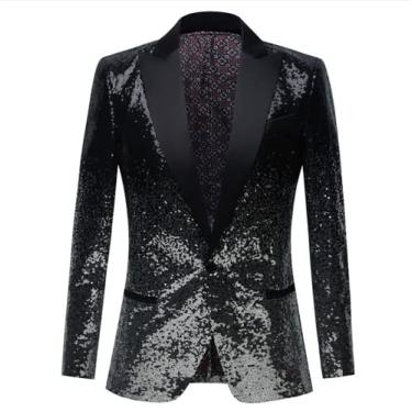 Imagem de Blazer masculino de um botão com lantejoulas para formatura gradiente slim fit manga longa casual casamento negócios casaco com bolso, preto, PP (busto: 99 cm)