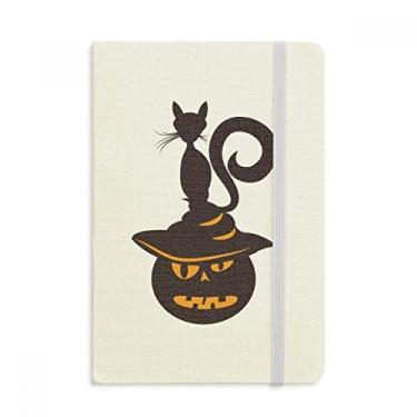 Imagem de Caderno de Dia das Bruxas com estampa de abóbora, chapéu de monstro e gato, capa dura em tecido
