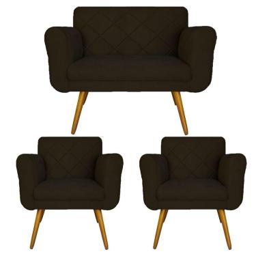 Imagem de Jogo Namoradeira e 2 Poltrona Decorativa Para Recepção Isabella Suede Marrom - LM DECOR