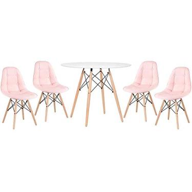 Imagem de Loft7, Kit Mesa Eames 90 cm branco + 4 cadeiras Botonê rosa claro
