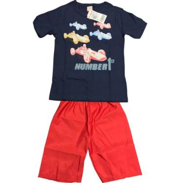 Imagem de Conjunto Infantil Brandili Camiseta e Bermuda - Em Meia Malha e Microfibra - Azul Marinho e Vermelho