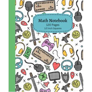 Imagem de Caderno de matemática: Caderno de composição de papel quadriculado forrado com quadrados de videogame com tema de videogame, 120 páginas, 19 x 23,5 cm