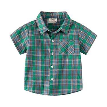 Imagem de Camisetas infantis de flanela para meninos 6 anos jaqueta xadrez manga curta lapela botão shacket bebê meninos meninas top, Verde, 2-3 Anos