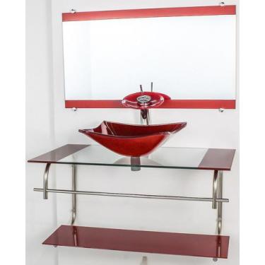 Imagem de Gabinete De Vidro Para Banheiro Inox 80cm Cuba Quadrada Vermelho Cerej