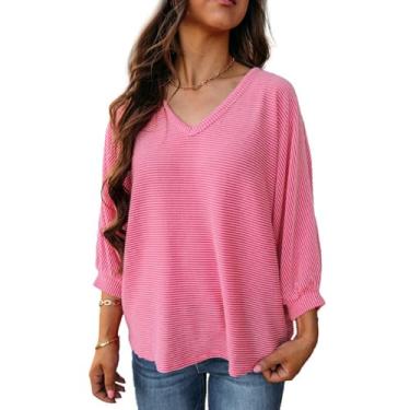 Imagem de Yueary Camisetas femininas plus size listradas manga longa gola em V camisetas cor sólida casual solta camiseta pulôver moderno, Rosa, XG