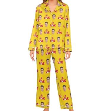 Imagem de JUNZAN Conjuntos de pijamas de cetim branco cinza personalizado personalizado para mulheres manga comprida pijama de botão feminino, Amarelo, M