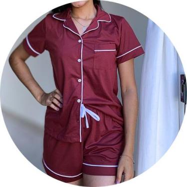 Imagem de Pijama Americano De Botões Vinho Com Branco - Madame Didi