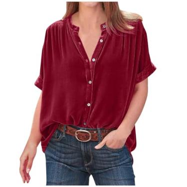 Imagem de Blusas femininas para outono inverno manga curta gola V veludo elegante franzido blusas camisas femininas 2024, T-550 Vermelho, G